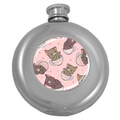 Seamless Pattern Adorable Cat Inside Cup Round Hip Flask (5 Oz) by Simbadda