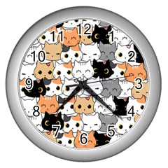 Cute Cat Kitten Cartoon Doodle Seamless Pattern Wall Clock (silver)