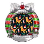 Funny Christmas Pattern Background Metal X Mas Ribbon With Red Crystal Round Ornament Front