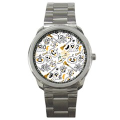 Funny Hand Drawn Halloween Pattern Sport Metal Watch by Simbadda