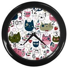 Pattern With Cute Cat Heads Wall Clock (black) by Simbadda