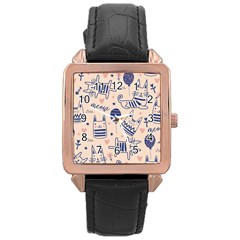 Cute Cats Doodle Seamless Pattern With Funny Characters Rose Gold Leather Watch  by Simbadda