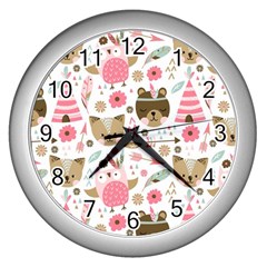 Pink Animals Pattern Wall Clock (silver)