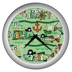 Seamless Pattern Fishes Pirates Cartoon Wall Clock (silver)