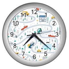 Cute Children Seamless Pattern With Cars Road Park Houses White Background Illustration Town Cartooo Wall Clock (silver)