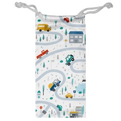 Cute Children Seamless Pattern With Cars Road Park Houses White Background Illustration Town Cartooo Jewelry Bag by Simbadda