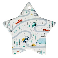 Cute Children Seamless Pattern With Cars Road Park Houses White Background Illustration Town Cartooo Star Ornament (two Sides) by Simbadda