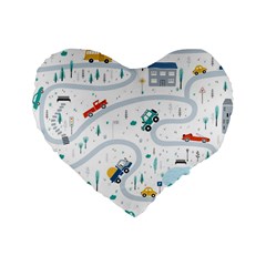 Cute Children Seamless Pattern With Cars Road Park Houses White Background Illustration Town Cartooo Standard 16  Premium Heart Shape Cushions by Simbadda
