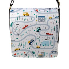 Cute Children Seamless Pattern With Cars Road Park Houses White Background Illustration Town Cartooo Flap Closure Messenger Bag (l)