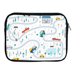 Cute Children Seamless Pattern With Cars Road Park Houses White Background Illustration Town Cartooo Apple Ipad 2/3/4 Zipper Cases by Simbadda