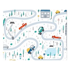 Cute Children Seamless Pattern With Cars Road Park Houses White Background Illustration Town Cartooo Premium Plush Fleece Blanket (large) by Simbadda