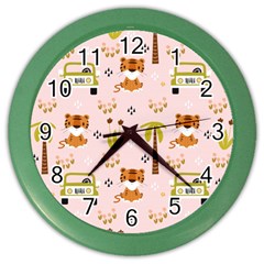 Cute Tiger Car Safari Seamless Pattern Color Wall Clock by Simbadda