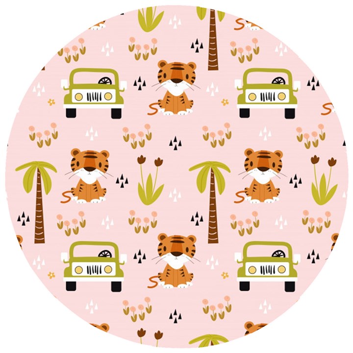 Cute Tiger Car Safari Seamless Pattern Wooden Puzzle Round