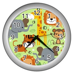 Seamless Pattern Vector With Animals Wildlife Cartoon Wall Clock (silver)