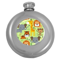 Seamless Pattern Vector With Animals Wildlife Cartoon Round Hip Flask (5 Oz)