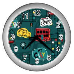 Seamless Pattern Hand Drawn With Vehicles Buildings Road Wall Clock (silver)