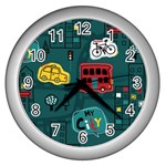 Seamless Pattern Hand Drawn With Vehicles Buildings Road Wall Clock (Silver) Front