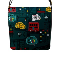 Seamless Pattern Hand Drawn With Vehicles Buildings Road Flap Closure Messenger Bag (l) by Simbadda