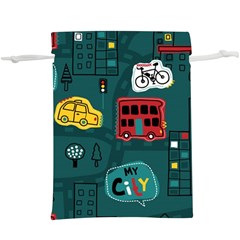 Seamless Pattern Hand Drawn With Vehicles Buildings Road Lightweight Drawstring Pouch (xl) by Simbadda