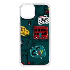 Seamless Pattern Hand Drawn With Vehicles Buildings Road Iphone 14 Tpu Uv Print Case by Simbadda