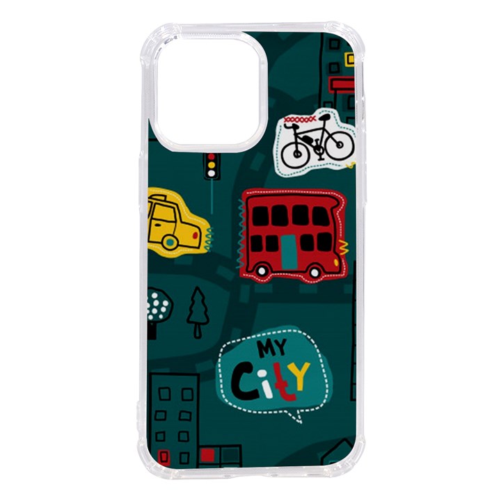 Seamless Pattern Hand Drawn With Vehicles Buildings Road iPhone 14 Pro Max TPU UV Print Case