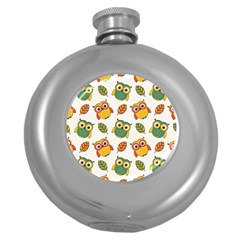 Background-with-owls-leaves-pattern Round Hip Flask (5 Oz)