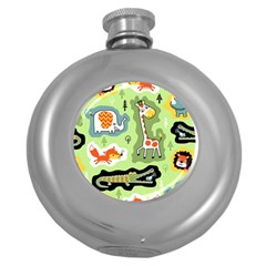 Seamless-pattern-with-wildlife-animals-cartoon Round Hip Flask (5 Oz)