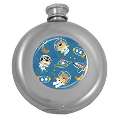 Seamless-pattern-funny-astronaut-outer-space-transportation Round Hip Flask (5 Oz)