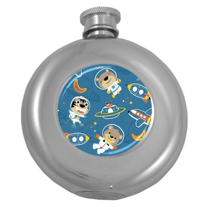 Seamless-pattern-funny-astronaut-outer-space-transportation Round Hip Flask (5 oz)