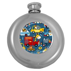Seamless Pattern Vehicles Cartoon With Funny Drivers Round Hip Flask (5 Oz)