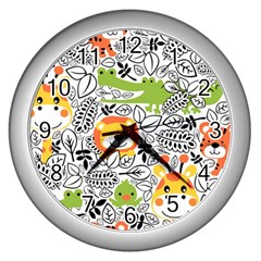 Seamless Pattern With Wildlife Cartoon Wall Clock (silver)