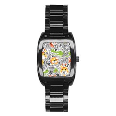 Seamless Pattern With Wildlife Cartoon Stainless Steel Barrel Watch