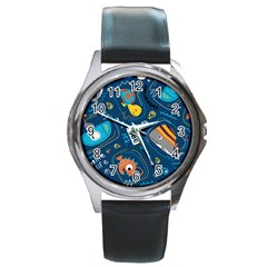 Seamless Pattern Vector Submarine With Sea Animals Cartoon Round Metal Watch