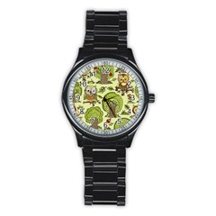 Seamless Pattern With Trees Owls Stainless Steel Round Watch by Simbadda
