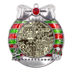 Four Hand Drawn City Patterns Metal X mas Ribbon With Red Crystal Round Ornament