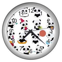 Playing Panda Cartoon Wall Clock (silver)