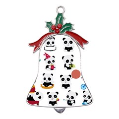 Playing Panda Cartoon Metal Holly Leaf Bell Ornament