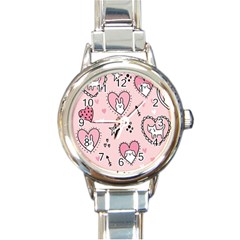 Cartoon Cute Valentines Day Doodle Heart Love Flower Seamless Pattern Vector Round Italian Charm Watch by Simbadda