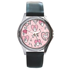 Cartoon Cute Valentines Day Doodle Heart Love Flower Seamless Pattern Vector Round Metal Watch by Simbadda