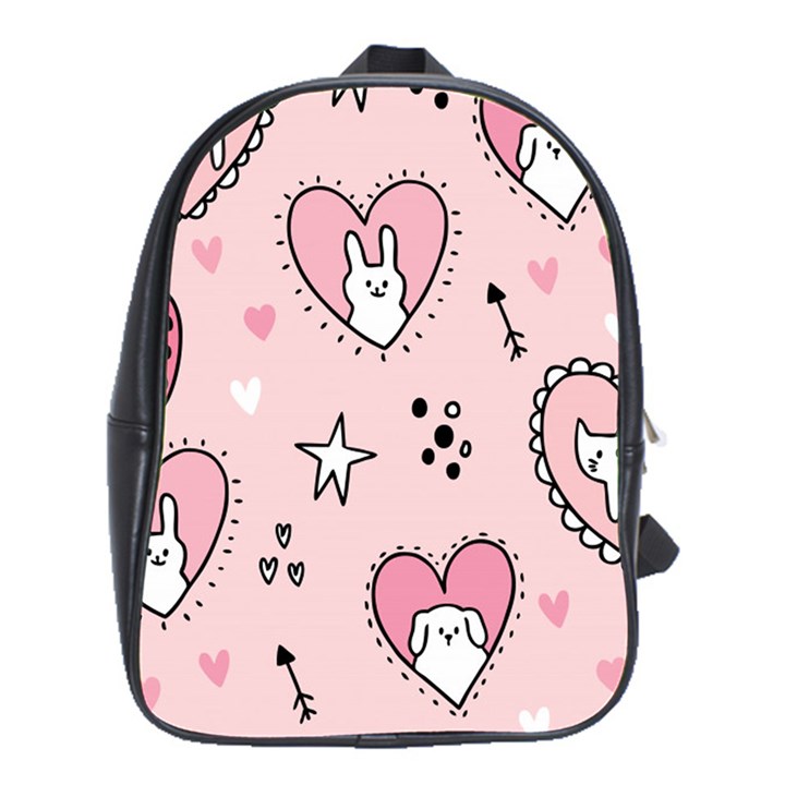 Cartoon Cute Valentines Day Doodle Heart Love Flower Seamless Pattern Vector School Bag (XL)