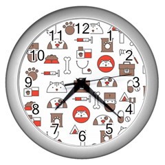 Vector Thin Line Art Vet Seamless Pattern Wall Clock (silver)