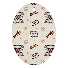 Pug-dog-cat-with-bone-fish-bones-paw-prints-ball-seamless-pattern-vector-background Ornament (oval) by Simbadda