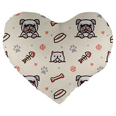 Pug-dog-cat-with-bone-fish-bones-paw-prints-ball-seamless-pattern-vector-background Large 19  Premium Heart Shape Cushions by Simbadda