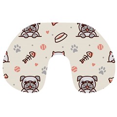 Pug-dog-cat-with-bone-fish-bones-paw-prints-ball-seamless-pattern-vector-background Travel Neck Pillow by Simbadda