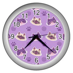 Cute-colorful-cat-kitten-with-paw-yarn-ball-seamless-pattern Wall Clock (silver)