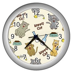 Happy-cats-pattern-background Wall Clock (silver)