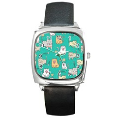 Seamless-pattern-cute-cat-cartoon-with-hand-drawn-style Square Metal Watch by Simbadda