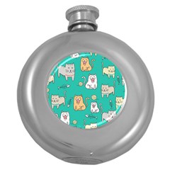 Seamless-pattern-cute-cat-cartoon-with-hand-drawn-style Round Hip Flask (5 Oz) by Simbadda