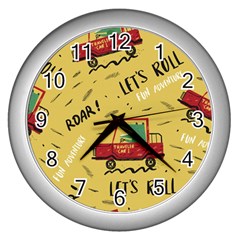 Childish-seamless-pattern-with-dino-driver Wall Clock (silver)