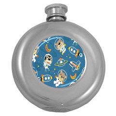 Seamless-pattern-funny-astronaut-outer-space-transportation Round Hip Flask (5 Oz)